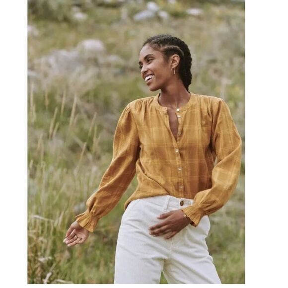 Faherty Harper Plaid Button Down Top Blouson Sleeves Ruffled Cuffs - Size Medium - Picture 1 of 9